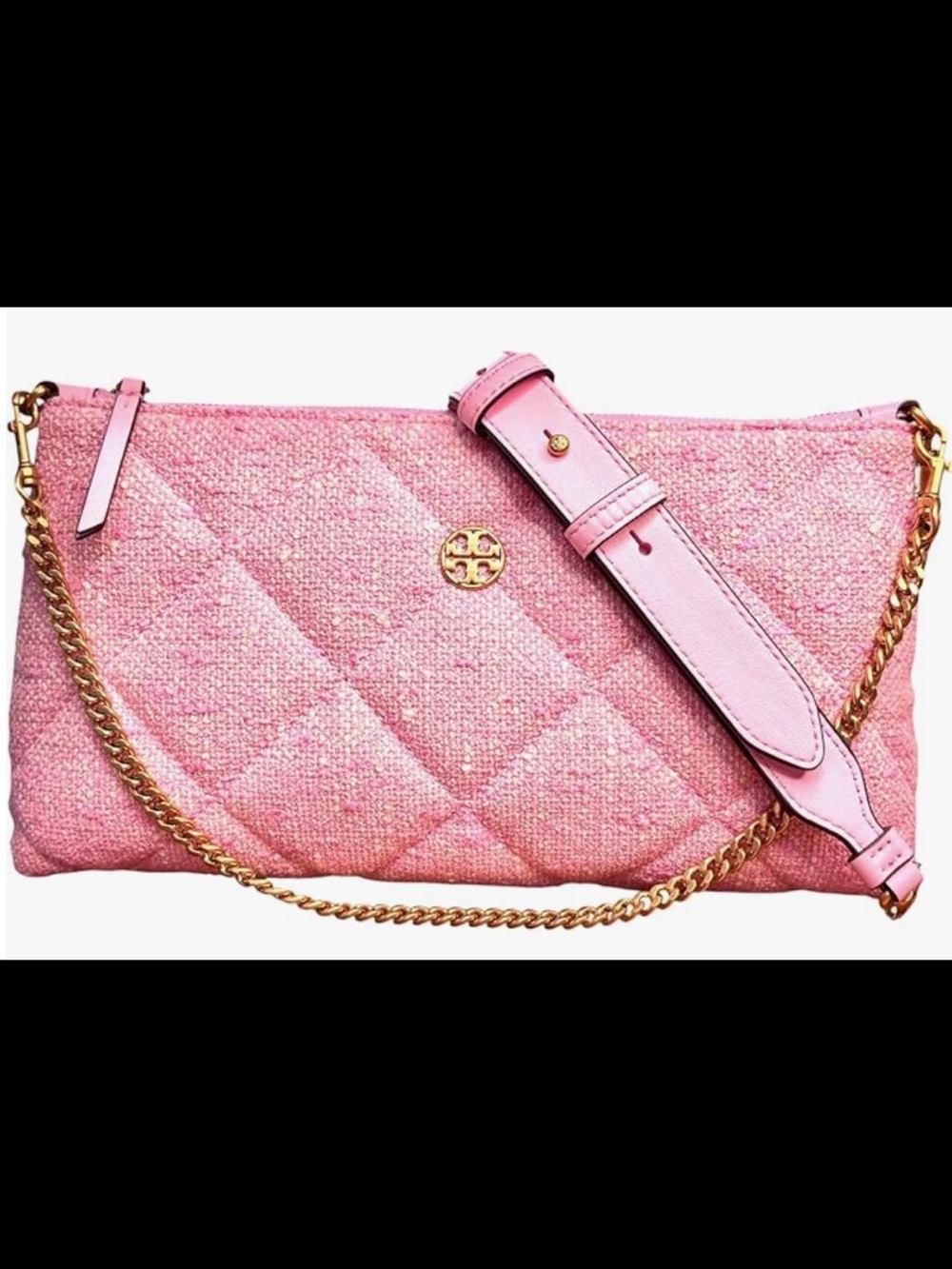 NEW Tory Burch Willa Pink Quilted Tweed Chain Crossbody Bag with Gold Hardware